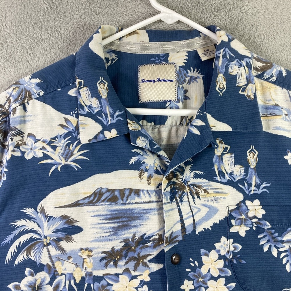 Tommy Bahama Hawaiian Shirt Men Large All Over Print Blue Silk Button Up Casual - Picture 2 of 16